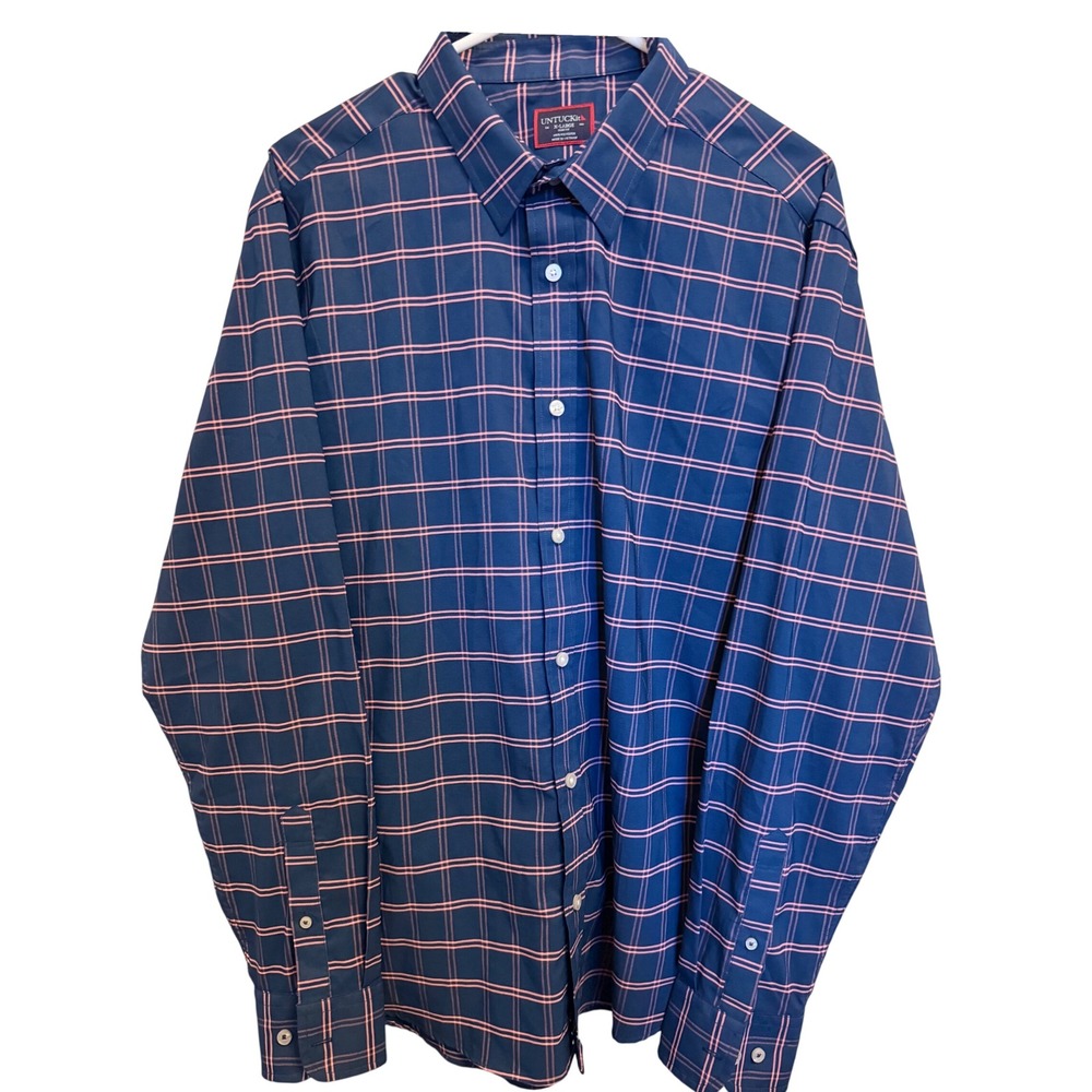 UNTUCKit Tayson Slim Fit Navy Pink Grid Check Button Down Shirt Mens XL